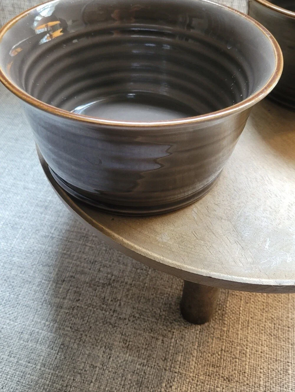 Set of Two Baum Brothers TUSCANY Stoneware Bowls in Warm Gray with Brown Rim.